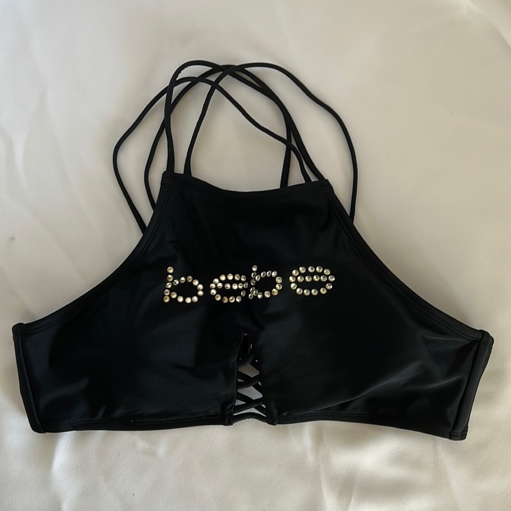 Bebe Black Bandeaus 28” Bust Halter Top Gold Clasp Glitter Graphic Top Small